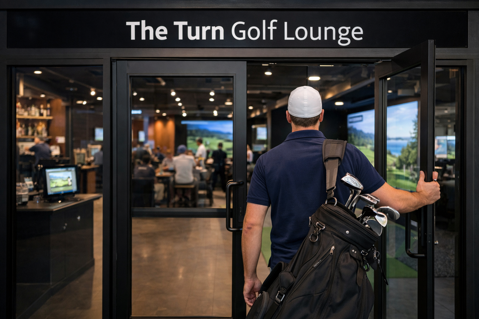 Simulator bays at The Turn Golf Lounge ready for all-hours play.