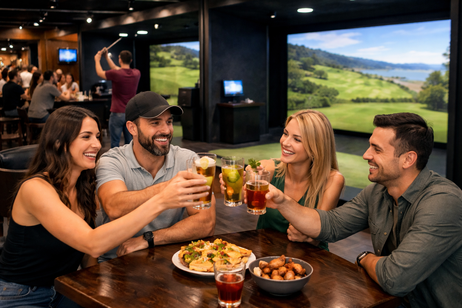 Friends enjoying simulator golf, drinks, and lounge seating at The Turn Golf Lounge.